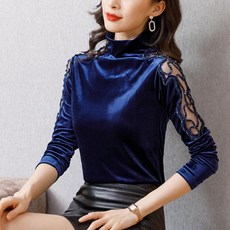 새로이 1LQXGJNZ 여성 골드 벨벳 티셔츠 긴팔 슬림핏 가을 상의