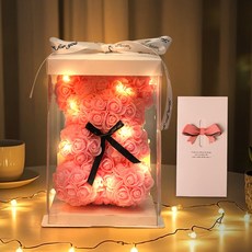 EVOKME 장미꽃곰돌이 로즈베어 장미곰돌이 플라워곰 led 조화 꽃다발 기념일 생일 결혼 신혼 선물 인테리어조화, 1개, 핑크 1개, 핑크