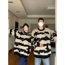 해피유통 커플룩 언밸런스 컬러 지브라 스웨터 루즈핏 니트 BJJ001