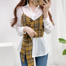 여리블랑 체크 크롭 탑 레이어드 리본 랩 뷔스티에
