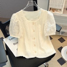 POMTOR 여성 여름 레이스 자수 플라워 블라우스 반팔 셔츠