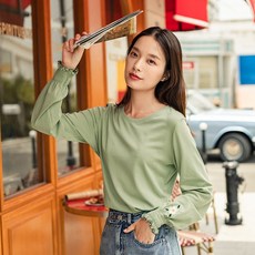 여성긴팔티 INMAN2020가을옷 뉴타입 탄성있음 면느낌 긴팔 T편안하게 이너셔츠 소맷부리 보색 우아