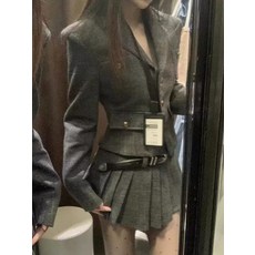 여성을위한 대학 스타일 정장 가을 겨울 새로운 슬림 모직 정장 재킷 주름 스커트 투피스 세트
