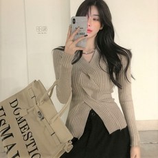 슬림 골지 니트 티셔츠 꼬임 절개 트임 섹시 꽈배기