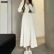 DFMEI 긴팔 니트 원피스 자녀 배합 코트 안에 고급감 롱 스커트