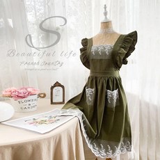 특이한앞치마 원피스 궁전 플로리스트 패션 카페 요리 코튼 린넨 스타일 가든, [01] Dark green, Dark Green, 1개