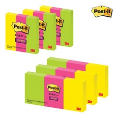 쓰리엠 포스트잇 강한 점착용 노트 653-3 3p + 613 3p 세트, 형광 핫핑크, 라임, 레몬, 1세트