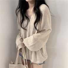 퐁순싸롱 브이넥 캐주얼 섹시 루즈핏 그물 니트 스웨터 SH