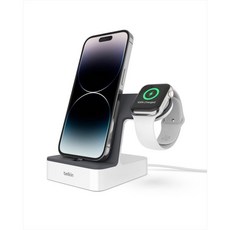  벨킨 2-in-1 아이폰 & 애플워치 충전 독 - 전원가정용 충전대 + 6/7/8/X/XS/XR/XS Max 시리즈 등 (검정색)에 맞게 설계됨, White, Charging Dock 