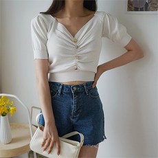 겟잇미_레이틀리 겟잇미여름 보석 컬러 크롭 버튼 셔링 니트 (6239421)