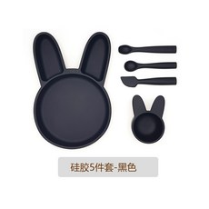 한국 수입 ROCOU 영유아 보조식품 실리콘 식기 식기 식기 스푼 안전 무취 세트 낙하 방지, 단일옵션, 【한국 정품】블랙 5피스 세트
