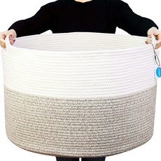 Casaphia XXXLarge 면 로프 바스켓 55.1cm x 35.1cm21.7 21.7 13.75인치 우븐 세탁 담요 바구니 핸드잡이 보관 이불 쿠션 스레드, 1개, 화이트와 브라운