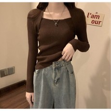 프롬히어 스퀘어넥 골지 니트 슬림핏