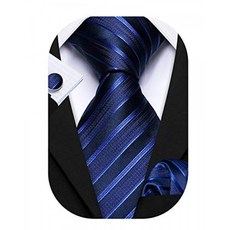 Stripe Ties for Men Set Royal Blue Formal Silk Necktie Set Handkerchief Cufflink