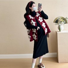 패션 여성 임산부 하객룩 원피스 겨울 임부복 원피스세트 데일리 임부복 목폴라 원피스+조끼 세트 YJW