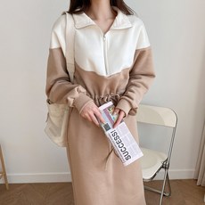 [리엘라]에비듀 여성용 겨울 반집업 배색 기모 롱원피스 기모아노락 아노락원피스 허리스트링 가을원피스 겨울원피스 트레이닝원피스 44~77 포근한 루즈핏