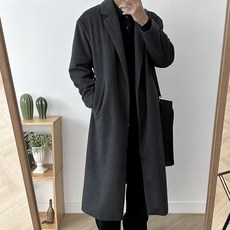 애솔 남녀공용 오버핏 롱코트 노버튼 허리끈 캐시미어 로브 모직 베이직 깔끔한 롱 코트