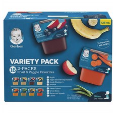거버 퓨레 이유식 2단계 2개입 16팩 (총32개) 버라이어티 팩 Gerber Purees 2nd Foods Veggie & Fruit Variety Pack 8 Ounces Box of 16, 32개, 단일옵션