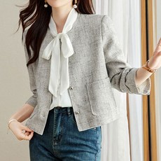 노카라 세미크롭 라운드 트위드 자켓 단정 특별한날 가디건 여자야상 양털 겨울 아우터 라이더