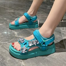 하야루 4.5cm 키높이 EVA 가보시 앞굽 보석 크리스탈 큐빅 장식 반짝 벨크로 스트랩 편안한 경량 여성 샌들