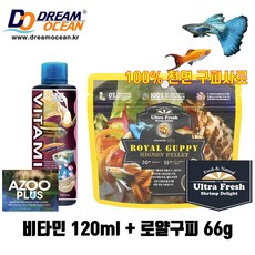 비타민120ml+로얄구피 66g 100%천연사료 구피영양제 열대어 구피먹이 면역력 소형어, 2세트, 120ml