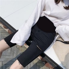 임부 쇼트 팬츠 여름 얇은 아우터 스타일리쉬 대미지 퍼트리밍 5부 데님 하프 레깅스바지 블랙