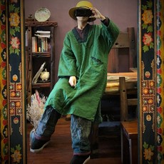 소질 느리다 가게 단아한 클래식 에스닉 무드 린넨 블러킹 브이넥 와이드 루즈핏 빅사이즈 롱 타입 솜 두루마기 겨울 솜을