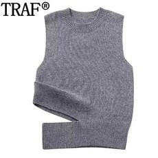  여성니트조끼 TRAF 여성용 회색 니트 조끼 컷 아웃 민소매 스웨터 풀오버 Y2K 크롭 니트 스웨터 조끼 패션 가을 저지 