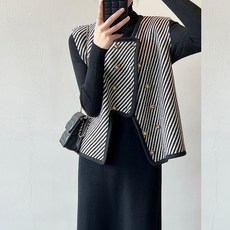 가을 트위드 조끼 흑백 스트라이프 배색 디자인 패션 캐주얼 정장 조끼 가디건 여성 베스트