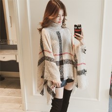 해외출고상품 여성 캐주얼 숄망토 케이프 망토 코트 가을겨울 격자 무늬 프린지 망토 스웨터 -42437