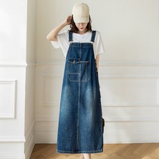 POMTOR 여성 원피스 여름 캐주얼 데님 원피스 루즈핏 롱 데님 멜빵원피스 청원피스