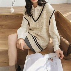 안나리야 꽈배기 브이넥 오버핏 학생 니트 조끼 YJ
