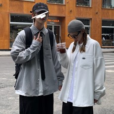 글로벌문 긴팔와이셔츠 긴팔남방셔츠 긴소매셔츠 커플룩 핀스트라이프 포켓 장식 가을 ROORA 박시코트 트렌드