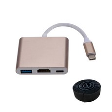 Baraem 3in1 HDMI C타입 3.1 고화질 케이블 허브 + 양면 벨크로 찍찍이 테이프 2M, 골드