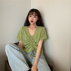 리에송 연보라반팔 라이트 알토란 젖 자색 크롭 배합 하이웨이스트팬츠 숏 브이넥티셔츠 여성 슬림핏 트렌드 여름