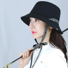 루페오 여성 골프 스트랩 리본 버킷햇 자외선 차단 턱끈 벙거지 모자, 블랙