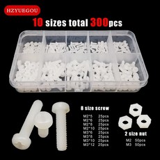 나일론 플라스틱 절연 필립스 팬 라운드 헤드 볼트 나사 너트 믹스 M2 M3 10 가지 크기 모음 키트 세트 화이트 색상 300 개, [01] 화이트 300PC