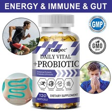 Daily Vital + Probiotics RDA 비타민 식물 추출물 에너지 면역 장 및 소화기 건강을 위한 프리바이오틱스 및 프로바이오틱스 전반적인 건강 증진, 120캡슐, 1개, 120정