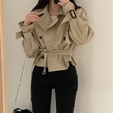 [레티고] 여성 더블 벨트 트렌치 카라 숏 자켓 코트