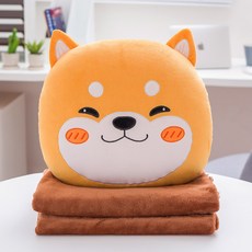 쓰리인원 이불 겸용 베개 접이식 에어컨 담요 자동차 사무실 내부 학교 낮잠 귀여운 동물 캐릭터 쿠션, 아키타