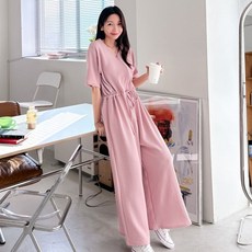 샵앤 보이 여성 5부 집업Y반오픈 이지웨어 등원룩 원마일 데일리 반팔 점프슈트 ARA-WPT-3239-핑크