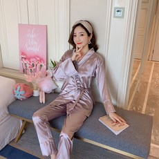 봄가을 여성 잠옷 차림의 일본 기모노 5세 넥 긴소매 실크 여성들 섹스 귀여운 홈웨어 정장 파자마 세트