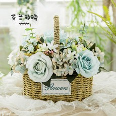 라탄 바구니 바스켓 이사박스 폴딩 레일 누빔 만들기 미국 국가 등나무 휴대용 가짜 밀짚, 하늘색 핀란드 로즈 포도 수확 파란 유화 수국, 큰