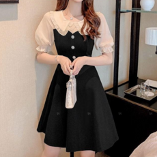 봄빛[S-2XL]배색 퍼프 프릴 빅카라 하객 미니 플레어 원피스