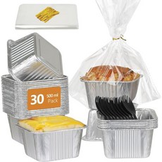 LNYZQUS 1 LB 사각 케이크 팬 30팩 일회용 작은 틴 로프 개별 홈메이드 빵 베이킹 가방과 숟가락이 포함된 4인치 알루미늄 호일 구운 제품 용기, 30pack pans+bags+spoons, 1개