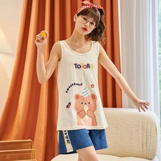 커플파자마 여름 면드 민소매나시 반바지 큐트 남성 여성 얇은 실내복셋트