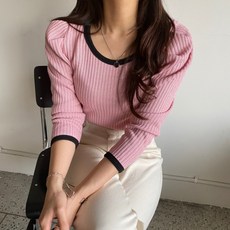 플루디 / (국산) 파스텔 배색 퍼프 유넥 골지니트