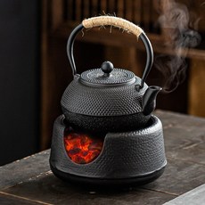 야외용난로 쇠주전자 오븐 철재 차도구 다도용 가열 히터 가정용 야외 알콜 목탄화로, 나무 숯 스토브 + 1.2L 검은 주