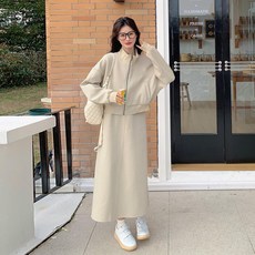 에쥬아 여성 빈소매 롱원피스 세트 숏재킷+원피스 데일리 셋업 빅사이즈 투피스 원피스