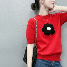 해피유통 봄여름 플라워 보들 니트 루즈핏 반팔티 스웨터 상의 티셔츠 여성